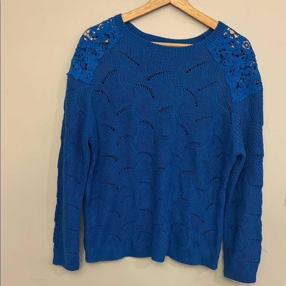 Blue Knit Sweater with Lace Detail size Large 100% Acrylic